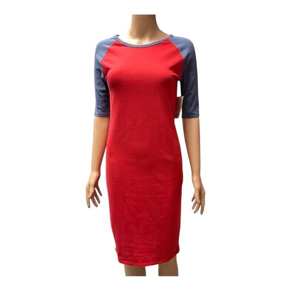 LuLaRoe - NWT - Julia Red and Blue Sheath Midi Dress with Raglan Sleeves - Picture 1 of 4